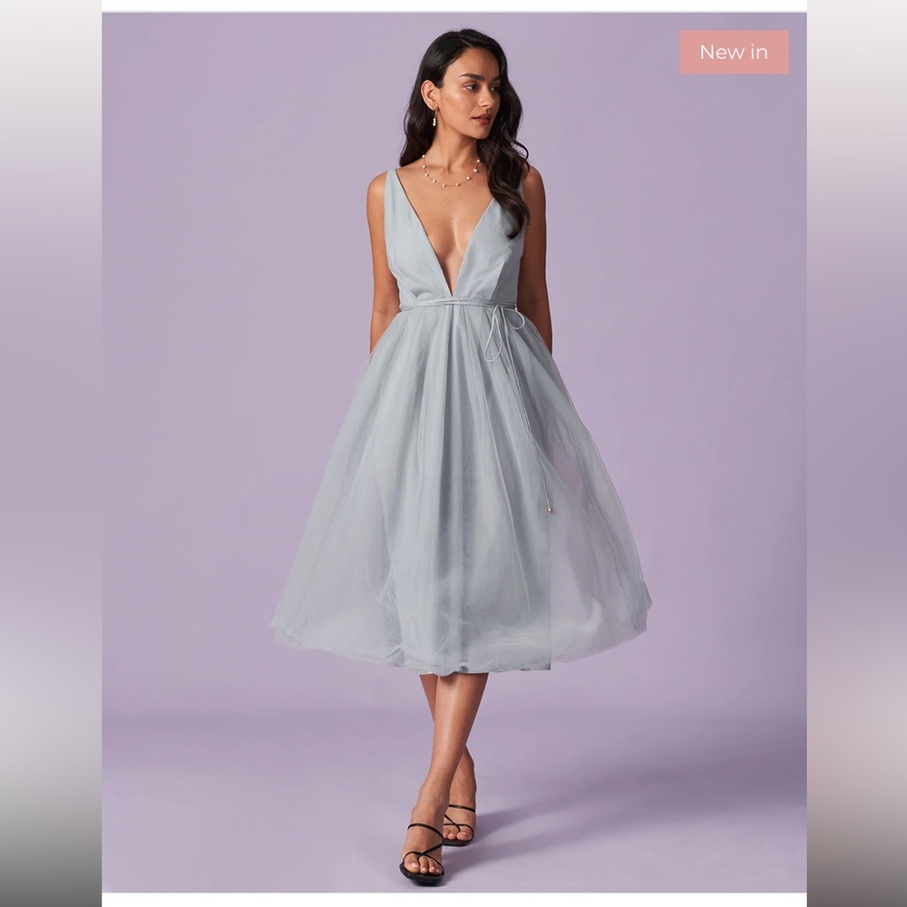 Light Blue Deep V Midi Princess Dress